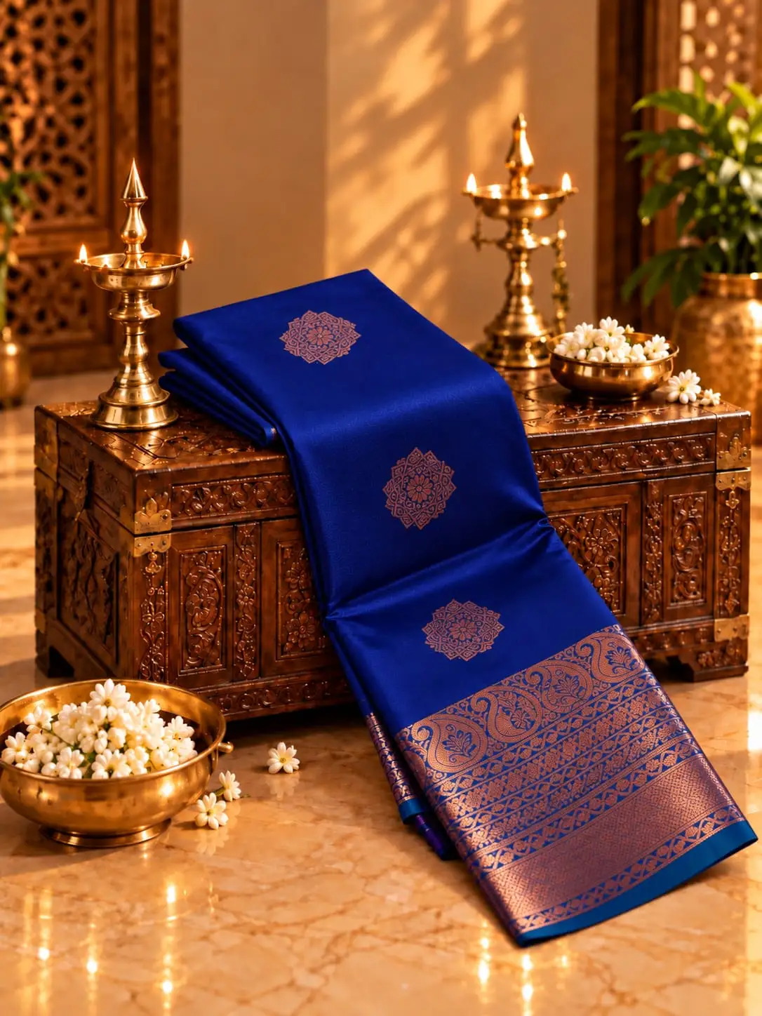 Copper Zari Motif Rich Pallu Soft Silk Saree